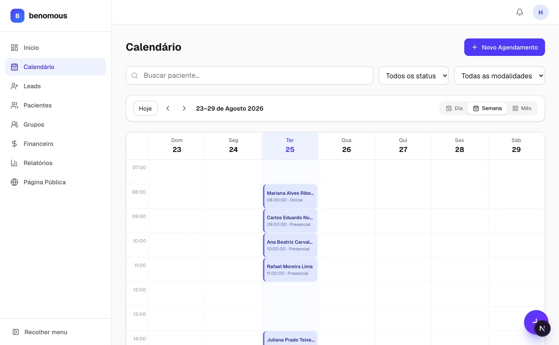 Calendário com os atendimentos da semana