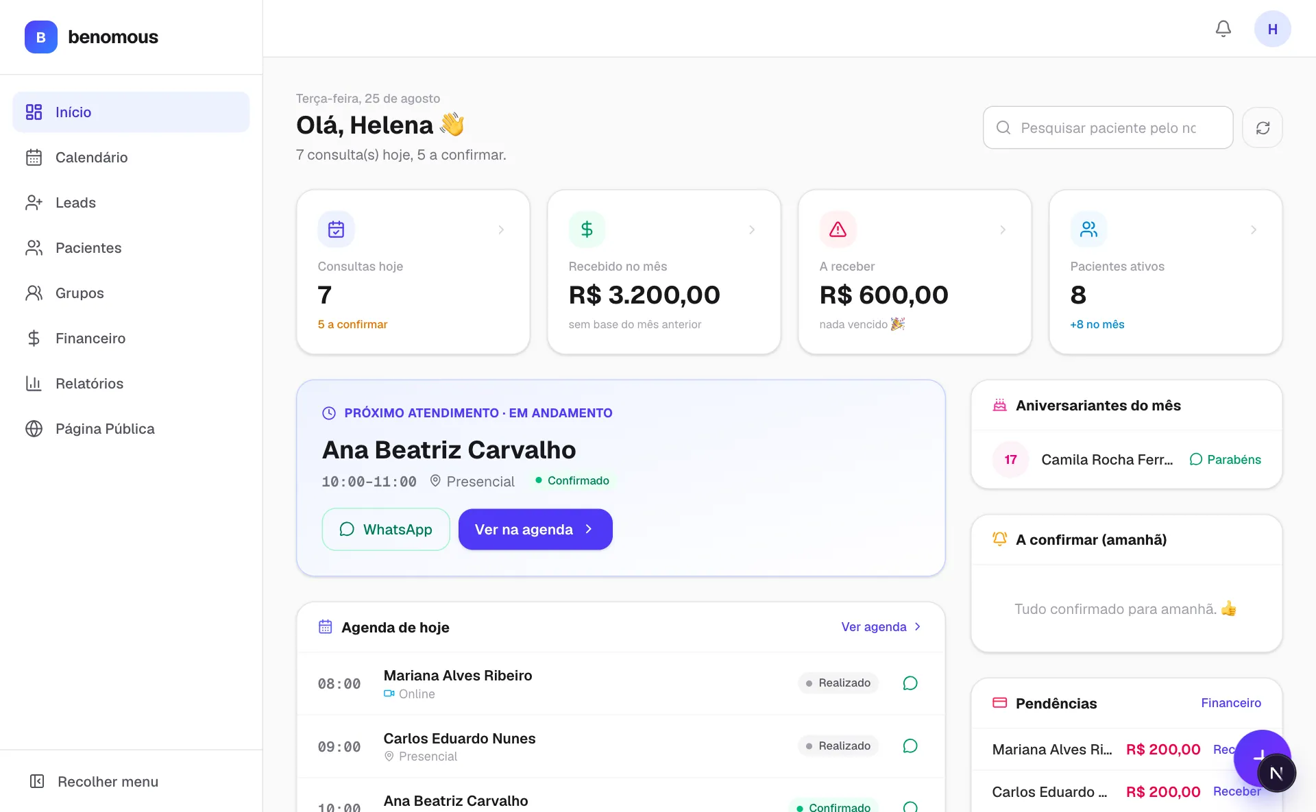 Tela inicial: consultas do dia, valores do mês e a agenda de hoje