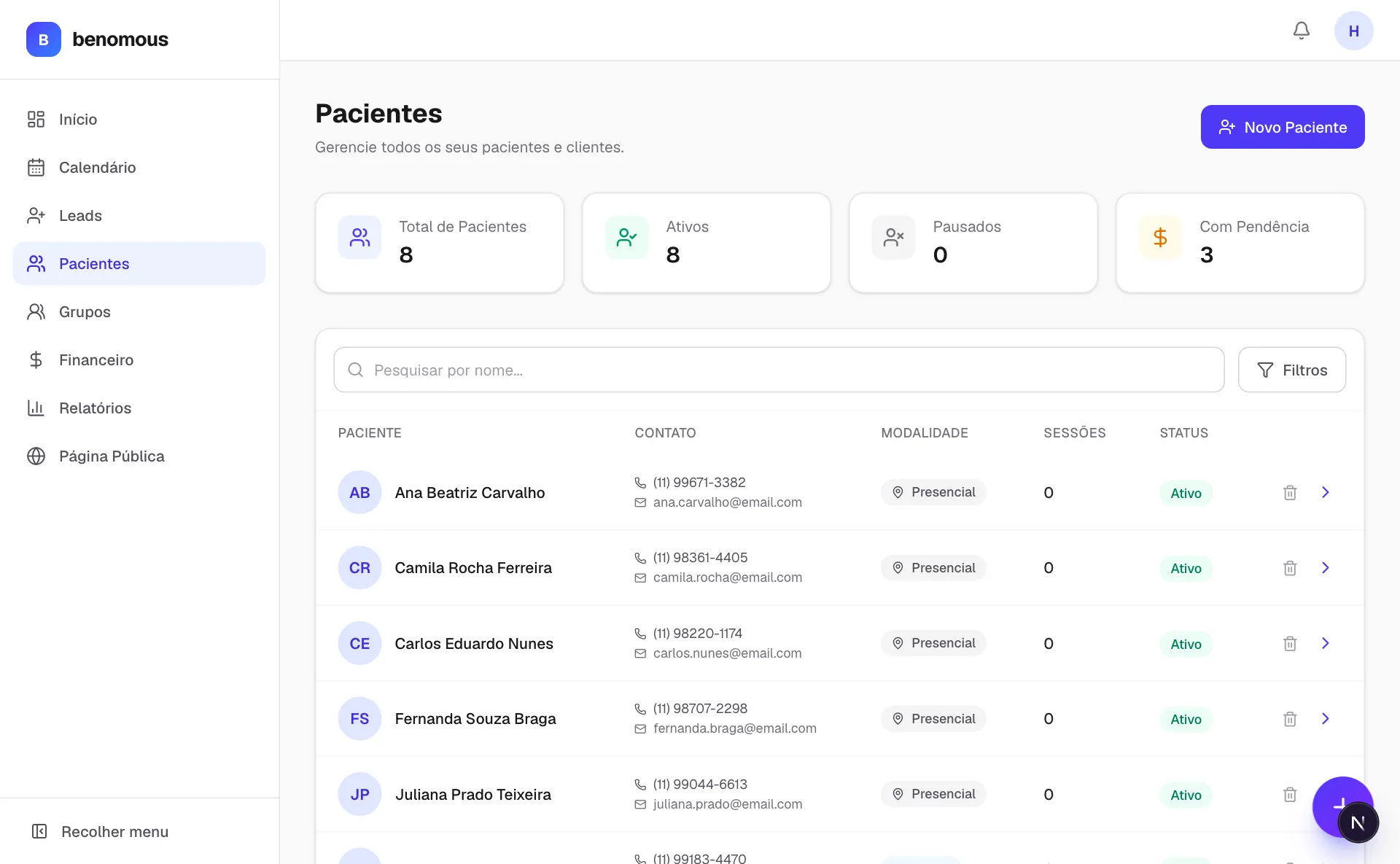 Lista de pacientes com status e contato